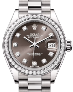 Rolex Lady Datejust 28 White Gold Dark Grey Diamond Dial & Diamond Bezel President Bracelet 279139RBR - BRAND NEW