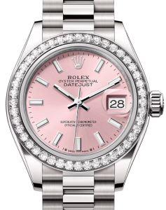 Rolex Lady Datejust 28 White Gold Pink Index Dial & Diamond Bezel President Bracelet 279139RBR - BRAND NEW