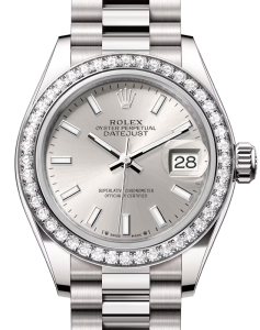Rolex Lady Datejust 28 White Gold Silver Index Dial & Diamond Bezel President Bracelet 279139RBR - BRAND NEW