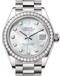 Rolex Lady Datejust 28 White Gold White Mother of Pearl Diamond Dial & Diamond Bezel President Bracelet 279139RBR - BRAND NEW