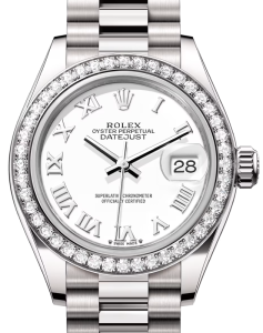 Rolex Lady Datejust 28 White Gold White Roman Dial & Diamond Bezel President Bracelet 279139RBR - BRAND NEW