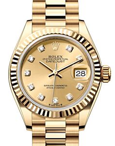 Rolex Lady Datejust 28 Yellow Gold Champagne Diamond Dial & Fluted Bezel President Bracelet 279178 - BRAND NEW