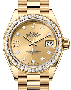Rolex Lady Datejust 28 Yellow Gold Champagne Diamond IX Dial & Diamond Bezel President Bracelet 279138RBR - BRAND NEW