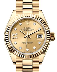 Rolex Lady Datejust 28 Yellow Gold Champagne Diamond IX Dial & Fluted Bezel President Bracelet 279178 - BRAND NEW