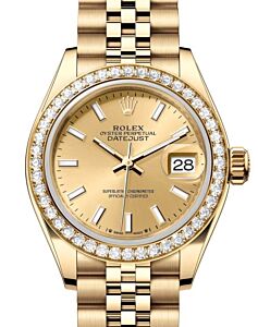 Rolex Lady Datejust 28 Yellow Gold Champagne Index Dial & Diamond Bezel Jubilee Bracelet 279138RBR - BRAND NEW