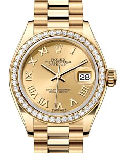Rolex Lady Datejust 28 Yellow Gold Champagne Roman Dial & Diamond Bezel President Bracelet 279138RBR - BRAND NEW
