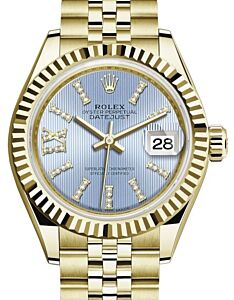 Rolex Lady Datejust 28 Yellow Gold Cornflower Blue Diamond Index/Roman IX Dial & Fluted Bezel Jubilee Bracelet 279178 - BRAND NEW