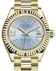 Rolex Lady Datejust 28 Yellow Gold Cornflower Blue Diamond Index/Roman IX Dial & Fluted Bezel President Bracelet 279178 - BRAND NEW