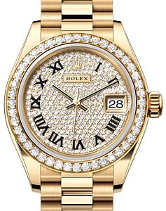 Rolex Lady Datejust 28 Yellow Gold Diamond Paved Roman Dial & Diamond Bezel President Bracelet 279138RBR - BRAND NEW