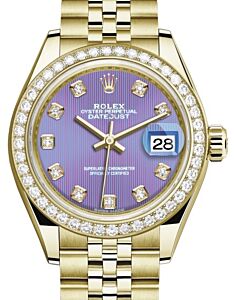 Rolex Lady Datejust 28 Yellow Gold Lavender Diamond Dial & Diamond Bezel Jubilee Bracelet 279138RBR - BRAND NEW