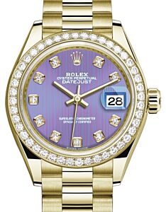 Rolex Lady Datejust 28 Yellow Gold Lavender Diamond Dial & Diamond Bezel President Bracelet 279138RBR - BRAND NEW