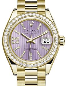 Rolex Lady Datejust 28 Yellow Gold Lilac Diamond Index/Roman IX Dial & Diamond Bezel President Bracelet 279138RBR - BRAND NEW