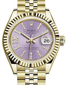 Rolex Lady Datejust 28 Yellow Gold Lilac Diamond Index/Roman IX Dial & Fluted Bezel Jubilee Bracelet 279178 - BRAND NEW