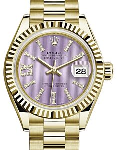 Rolex Lady Datejust 28 President Yellow Gold Lilac Diamond Roman IX Dial & Fluted Bezel 279178