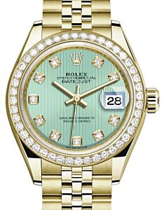 Rolex Lady Datejust 28 Yellow Gold Mint Green Diamond Dial & Diamond Bezel Jubilee Bracelet 279138RBR - BRAND NEW