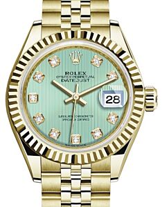 Rolex Lady Datejust 28 Yellow Gold Mint Green Diamond Dial & Fluted Bezel Jubilee Bracelet 279178 - BRAND NEW