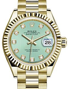 Rolex Lady Datejust 28 Yellow Gold Mint Green Diamond Dial & Fluted Bezel President Bracelet 279178 - BRAND NEW