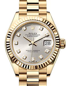Rolex Lady Datejust 28 Yellow Gold Silver Diamond Dial & Fluted Bezel President Bracelet 279178 - BRAND NEW