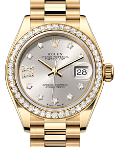 Rolex Lady Datejust 28 Yellow Gold Silver Diamond IX Dial & Diamond Bezel President Bracelet 279138RBR - BRAND NEW