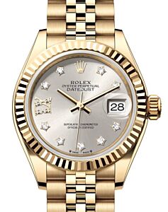 Rolex Lady Datejust 28 Yellow Gold Silver Diamond IX Dial & Fluted Bezel Jubilee Bracelet 279178 - BRAND NEW