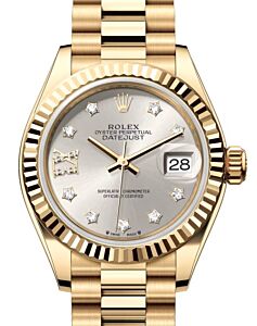 Rolex Lady Datejust 28 Yellow Gold Silver Diamond IX Dial & Fluted Bezel President Bracelet 279178 - BRAND NEW