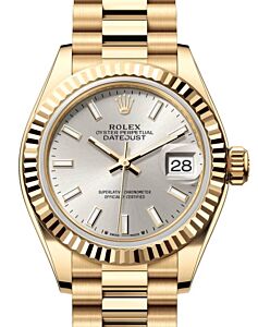 Rolex Lady Datejust 28 Yellow Gold Silver Index Dial & Fluted Bezel President Bracelet 279178 - BRAND NEW