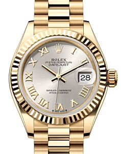 Rolex Lady Datejust 28 Yellow Gold Silver Roman Dial & Fluted Bezel President Bracelet 279178 - BRAND NEW