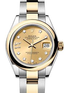 Rolex Lady Datejust 28 Yellow Gold/Steel Champagne Diamond IX Dial & Smooth Domed Bezel Oyster Bracelet 279163 - BRAND NEW