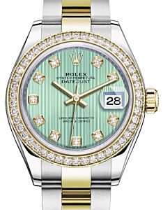 Rolex Lady Datejust 28 Yellow Gold/Steel Mint Green Diamond Dial & Diamond Bezel Oyster Bracelet 279383RBR - BRAND NEW