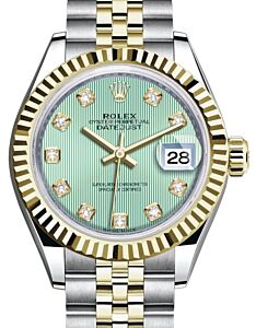 Rolex Lady Datejust 28 Yellow Gold/Steel Mint Green Diamond Dial & Fluted Bezel Jubilee Bracelet 279173 - BRAND NEW