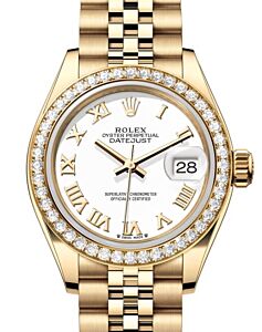 Rolex Lady Datejust 28 Yellow Gold White Roman Dial & Diamond Bezel Jubilee Bracelet 279138RBR - BRAND NEW