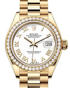 Rolex Lady Datejust 28 Yellow Gold White Roman Dial & Diamond Bezel President Bracelet 279138RBR - BRAND NEW