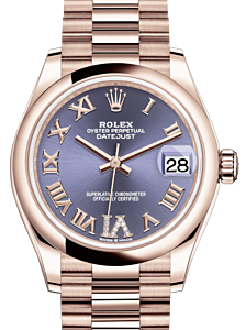 Rolex Lady-Datejust 31 Rose Gold Aubergine Roman Diamond VI Dial & Smooth Domed Bezel President Bracelet 278245 - BRAND NEW