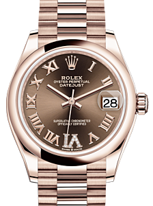 Rolex Lady-Datejust 31 Rose Gold Chocolate Roman Diamond VI Dial & Smooth Domed Bezel President Bracelet 278245 - BRAND NEW