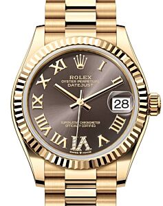 Rolex Lady-Datejust 31 Yellow Gold Dark Grey Roman Diamond VI Dial & Fluted Bezel President Bracelet 278278 - BRAND NEW