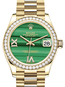 Rolex Lady-Datejust 31 Yellow Gold Malachite Roman Diamond VI Dial & Diamond Bezel President Bracelet 278288RBR - BRAND NEW