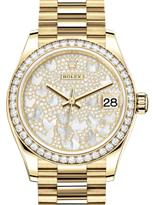 Rolex Lady-Datejust 31 Yellow Gold Mother of Pearl Butterfly Diamond Paved Dial & Diamond Bezel President Bracelet 278288RBR - BRAND NEW