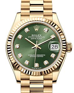 Rolex Lady-Datejust 31 Yellow Gold Olive Green Diamond Dial & Fluted Bezel President Bracelet 278278 - BRAND NEW