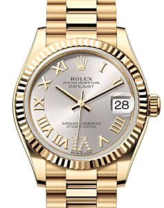 Rolex Lady-Datejust 31 Yellow Gold Silver Roman Diamond VI Dial & Fluted Bezel President Bracelet 278278 - BRAND NEW