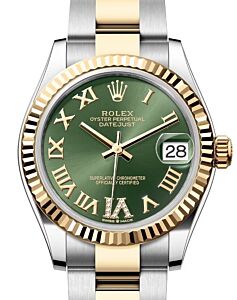 Rolex Lady-Datejust 31 Yellow Gold/Steel Olive Green Roman Diamond VI Dial & Fluted Bezel Oyster Bracelet 278273 - BRAND NEW