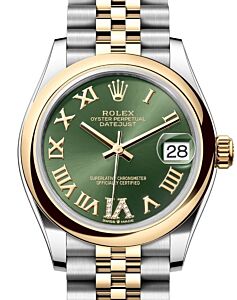 Rolex Lady-Datejust 31 Yellow Gold/Steel Olive Green Roman Diamond VI Dial & Smooth Domed Bezel Jubilee Bracelet 278243 - BRAND NEW
