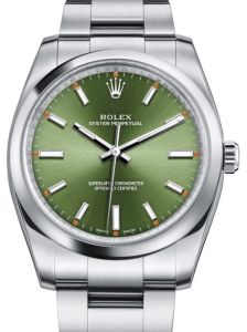 Rolex Oyster Perpetual 34 Stainless Steel Olive Green Index Dial & Smooth Bezel Oyster Bracelet 114200 