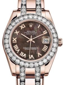 Rolex Pearlmaster 34 Rose Gold Black Mother of Pearl Roman Dial & Diamond Bezel Diamond Set Pearlmaster Bracelet 81285 - BRAND NEW