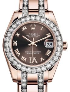 Rolex Pearlmaster 34 Rose Gold Chocolate Roman & Diamond VI Dial & Diamond Bezel Diamond Set Pearlmaster Bracelet 81285 - BRAND NEW