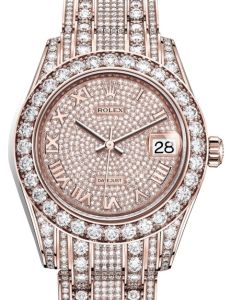 Rolex Pearlmaster 34 Rose Gold set with Diamonds Diamond Paved Roman Dial & Diamond Bezel Diamond Paved Pearlmaster Bracelet 81405RBR - BRAND NEW