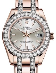 Rolex Pearlmaster 34 Rose Gold Silver Index Dial & Diamond Bezel Diamond Set Pearlmaster Bracelet 81285 - BRAND NEW