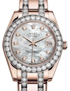 Rolex Pearlmaster 34 Rose Gold White Mother of Pearl Diamond Dial & Diamond Bezel Diamond Set Pearlmaster Bracelet 81285 - BRAND NEW