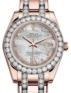 Rolex Pearlmaster 34 Rose Gold White Mother of Pearl Roman & Diamond VI Dial & Diamond Bezel Diamond Set Pearlmaster Bracelet 81285 - BRAND NEW