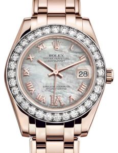 Rolex Pearlmaster 34 Rose Gold White Mother of Pearl Roman & Diamond VI Dial & Diamond Bezel Pearlmaster Bracelet 81285 - BRAND NEW