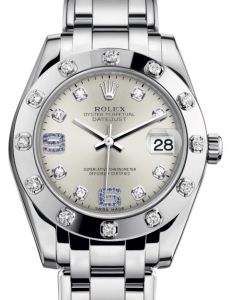 Rolex Pearlmaster 34 White Gold Silver Diamond & Sapphire Arabic Dial & Diamond Set Bezel Pearlmaster Bracelet 81319 - BRAND NEW